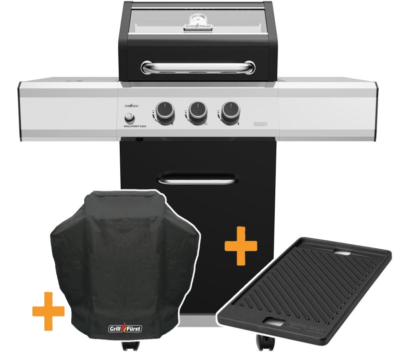 Grillfürst G210G 2-Brenner Gasgrill mit Hochtemperaturbrenner und Gusseisen Rosten - STARTERSET mit Grillplatte und Abdeckhaube