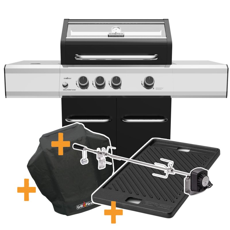 Grillfürst G310E 3-Brenner Gasgrill mit Hochtemperaturbrenner und Edelstahl Rosten - STARTERSET mit Grillplatte, Drehspieß-Set und Abdeckhaube