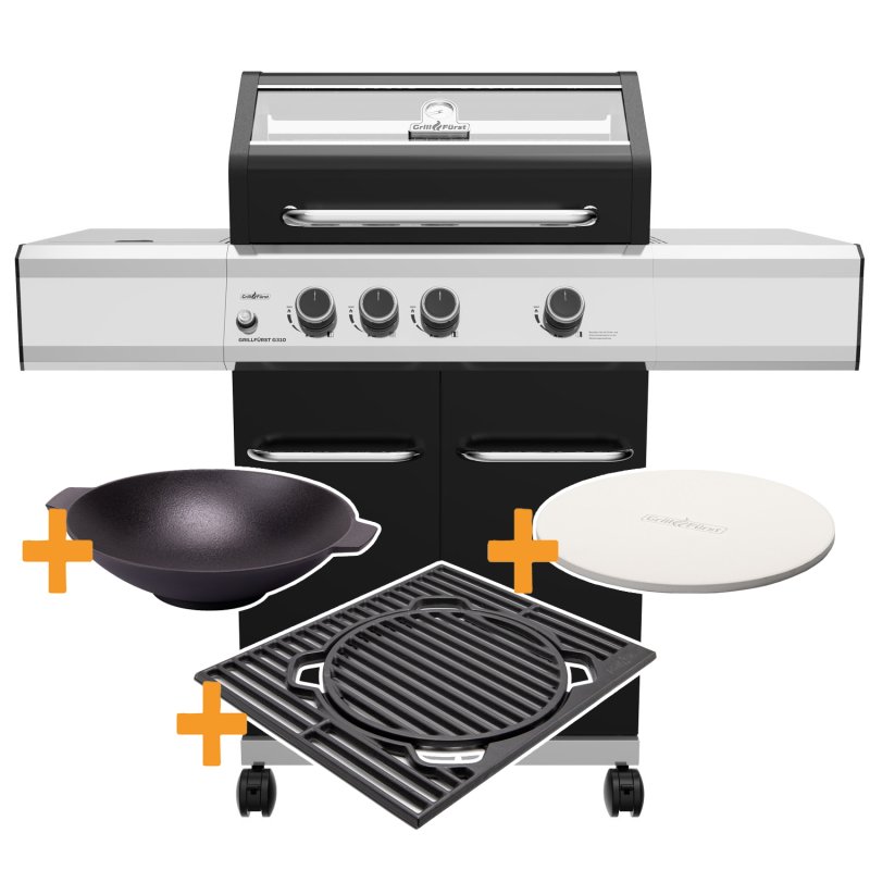 Grillfürst G310E 3-Brenner Gasgrill mit Hochtemperaturbrenner und Edelstahl Rosten - GOURMET STARTERSET mit X-Rost, Gusseisenwok und Pizzastein