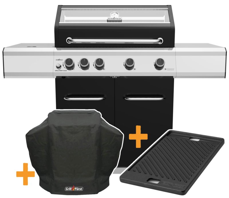 Grillfürst G410E 4-Brenner Gasgrill mit Hochtemperaturbrenner und Edelstahl Rosten - STARTERSET mit Grillplatte und Abdeckhaube