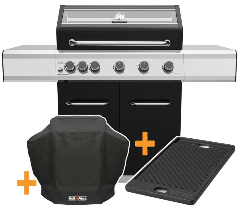 Grillfürst G510E 5-Brenner Gasgrill mit Hochtemperaturbrenner und Edelstahl Rosten - STARTERSET mit Grillplatte und Abdeckhaube