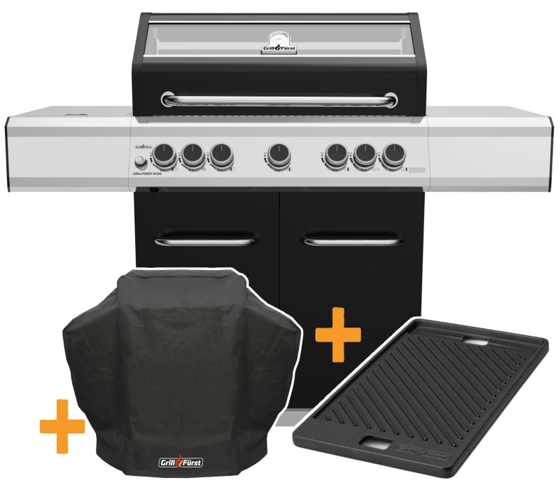 Grillfürst G520E 5-Brenner Gasgrill mit Hochtemperaturbrenner, Heckbrenner und Edelstahl Rosten - STARTERSET mit Grillplatte und Abdeckhaube