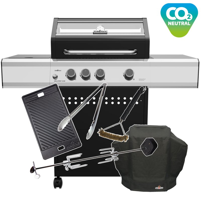 Grillfürst S330G 3-Brenner Gasgrill mit Seitenkocher und Gusseisen Rosten - inkl. Gasgrill Einsteigerpaket