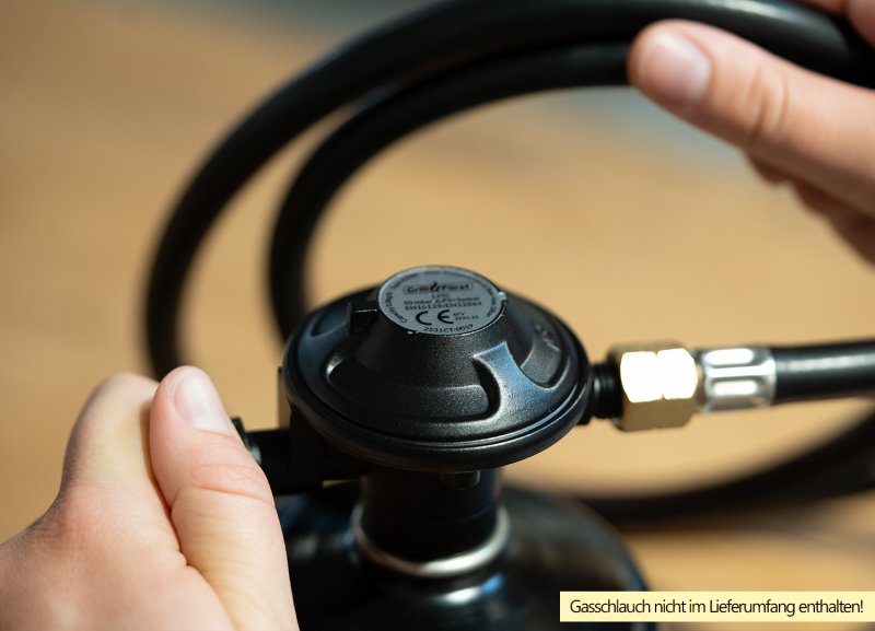 Grillfürst Einstufiger Druckminderer mit Absperrventil / 7/16" (Gaskartusche) x 1/4", 50mbar