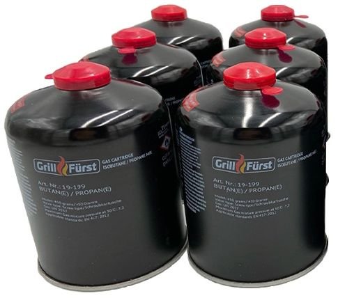 Grillfürst Einstufiger Druckminderer mit Absperrventil / 7/16" (Gaskartusche) x 1/4", 50mbar - inkl. 6 Grillfürst Gaskartuschen