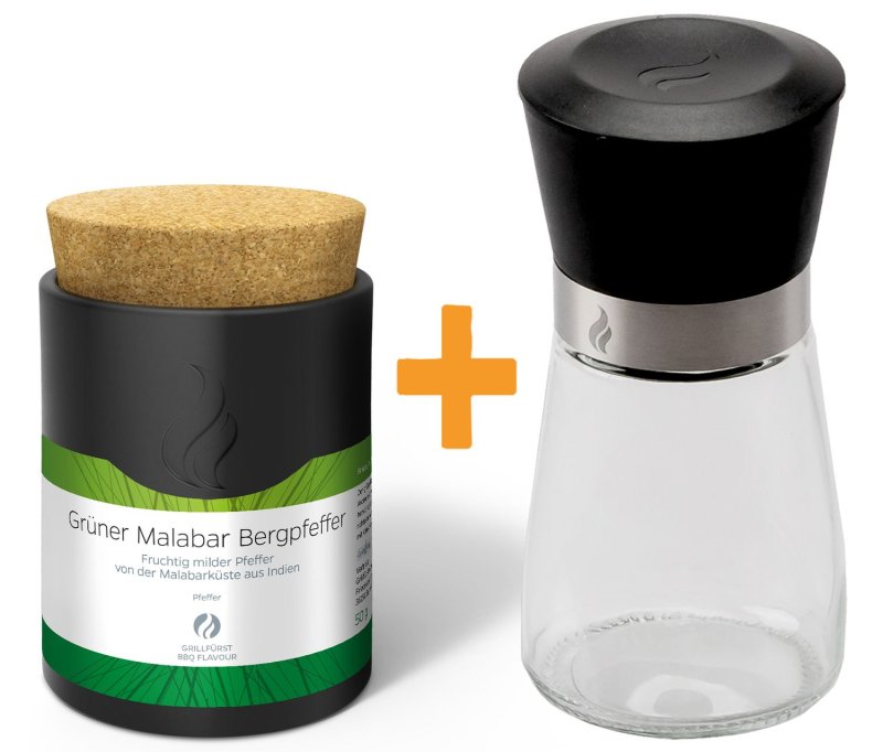 Grillfürst Grüner Malabar Bergpfeffer - Keramikdose 50g - Inkl. Grillfürst Gewürzmühle