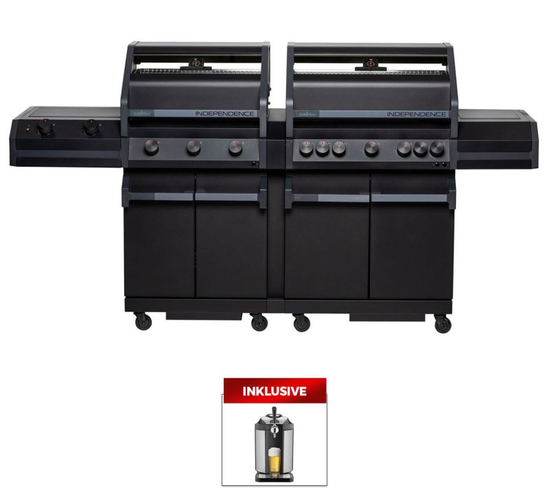 Grillfürst Independence P830G Doppelkammer Gasgrill - mattschwarz - mit XXL Infrarotbrenner, Seitenkocher, Heckbrenner und Gusseisenrosten inkl. CASO BeerMaster - Bierzapfanlage