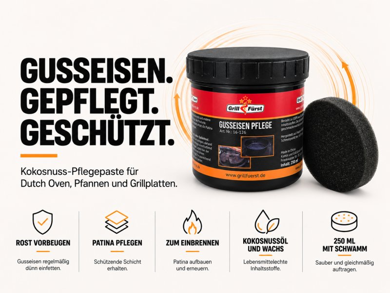Grillfürst Kokosnuss-Pflegepaste für Gusseisen / Dutch Oven 250ml mit Schwamm