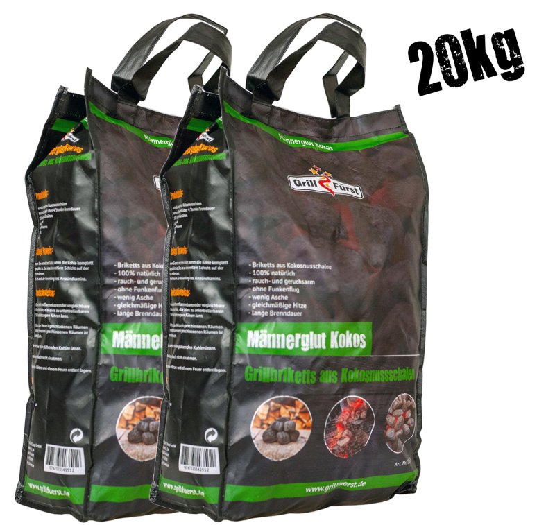 Männerglut Kokos - 20 kg Grillbriketts aus Kokosnuss-Schalen