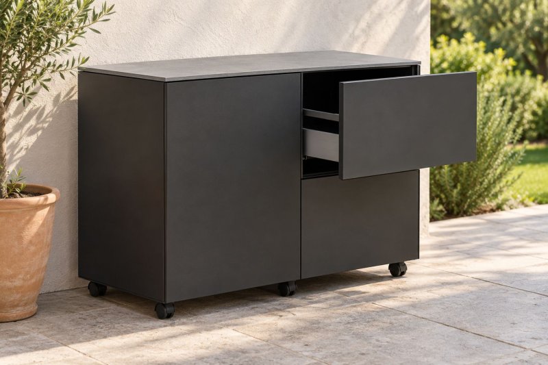 Grillfürst Moments Sideboard mit Outdoor Schrank mit Tür und 2 Schubladen - Nero / Eter - 120 cm