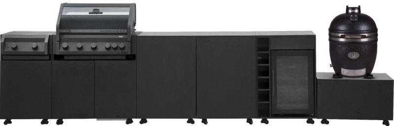 Grillfürst Moments Grillküche mit Independence P590E Gasgrill, Independence P230E XXL Infrarotbrenner, Monolith Keramikgrill, Kühlschrank, Tür mit Stauraum und Flaschenregal - Nero