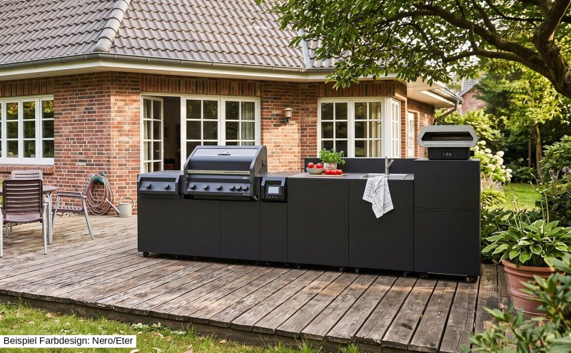 Grillfürst Moments Grillküche Smart mit Independence P590E Smartgrill, Independence P230E XXL Infrarotbrenner, Spüle, Pizzaschrank, inkl. Rückwand - Mediterran / Aeris