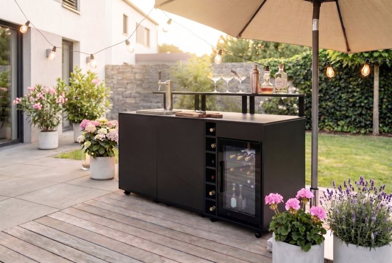 Grillfürst Moments Barschrank mit Zapfanlage, Kühlschrank, Flaschenregal und Tür mit Staufach, inkl. Theke - Nero