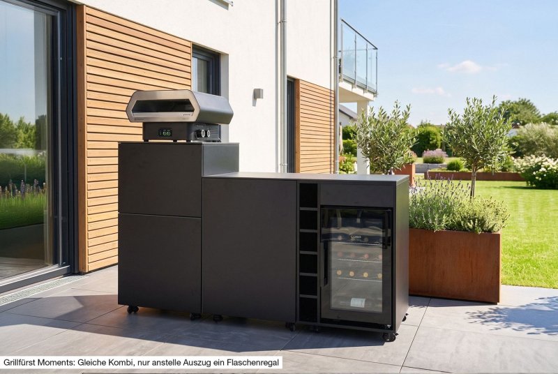 Grillfürst Moments Pizzastation mit Outdoorchef Prismo 420G, Kühlschrank, Apothekerauszug und Tür mit Staufach, inkl. Rückwand - Nero