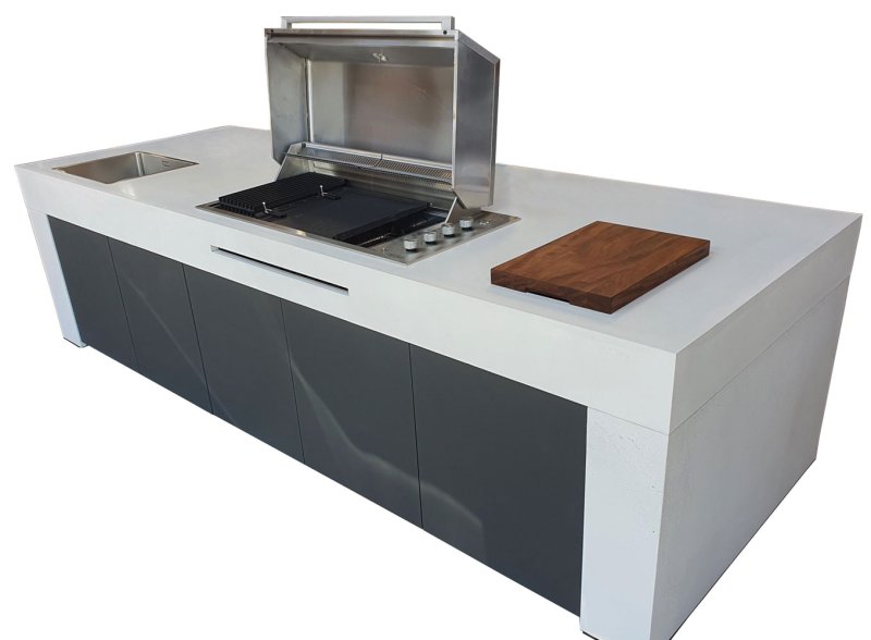 Grillfürst Outdoor Küche aus 3-tlg. gegossenem Beton und HPL (340 cm x 120 cm) - mit Einbaugrill und Spüle