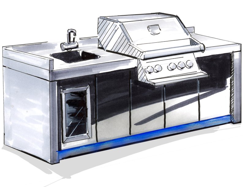 Grillfürst Outdoor Küche aus 3-tlg. gegossenem Beton und HPL (300 cm x 70 cm) - mit Einbaugrill, Spüle, Kühlschrank und LED Beleuchtung