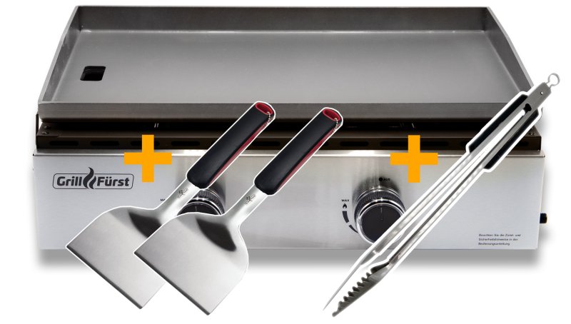 Grillfürst Plancha Grill - 2 Brenner mit insgesamt 7 kW und Edelstahl Plancha - inkl. 2 Stk. Plancha Spatel und Grillzange
