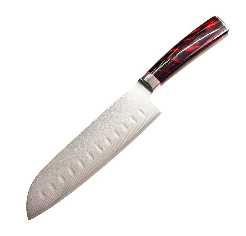 Grillfürst Santoku Messer mit Kullenschliff aus Damaststahl - Klingenlänge 18 cm