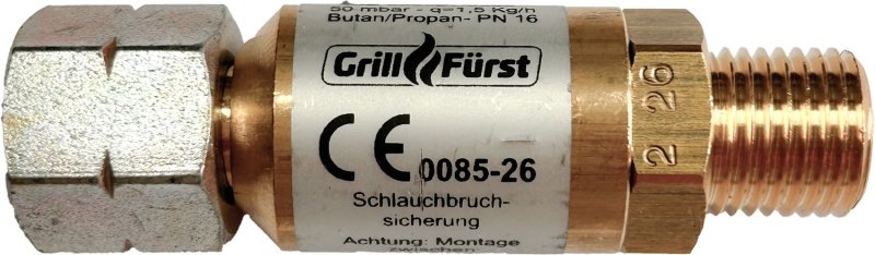 Grillfürst Schlauchbruchsicherung für 50 mbar Gasgeräte / 1/4" auf 1/4"