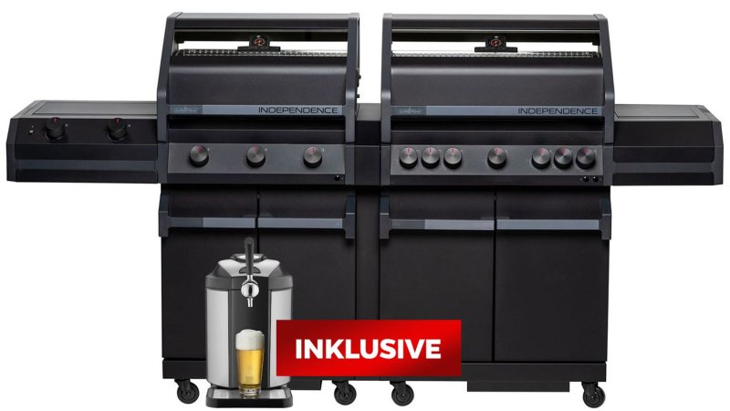 Grillfürst Independence P830G Doppelkammer Gasgrill - mattschwarz - mit XXL Infrarotbrenner, Seitenkocher, Heckbrenner und Gusseisenrosten inkl. CASO BeerMaster - Bierzapfanlage