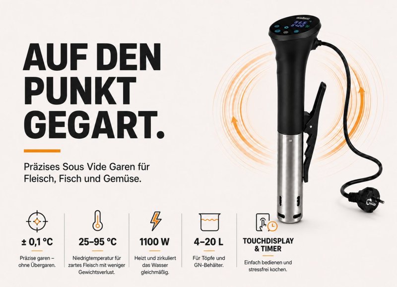 Grillfürst Sous Vide Stick - 1100 Watt, mit Timer und Touchdisplay