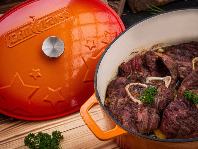 Grillfürst Dutch Oven Sternentöpfchen / Gusseisen Bräter - emailliert - XL - orange - Retoure