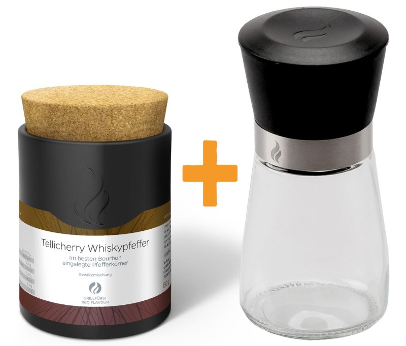 Grillfürst Tellicherry Whiskypfeffer (Bourbon) - Keramikdose 80g - Inkl. Grillfürst Gewürzmühle