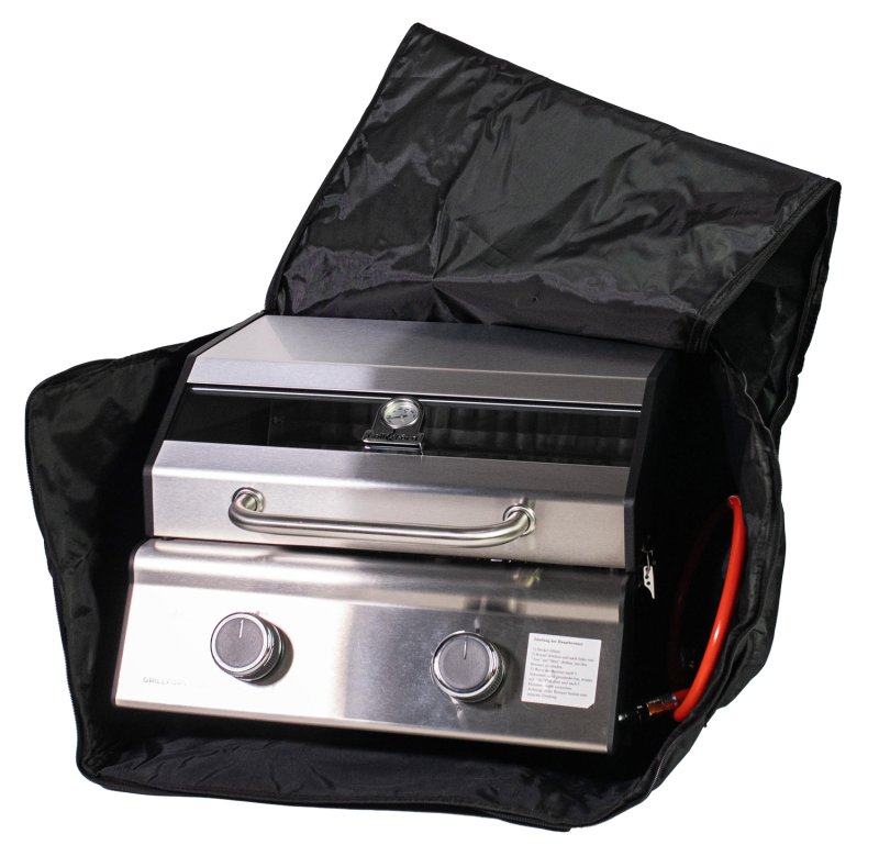 Grillfürst G201E 2-Brenner Gasgrill / Campinggrill / Balkongrill 50mbar - CAMPING SET BASIC - inkl. Tragetasche, Kartuschen-Druckregler und 2 Gaskartuschen