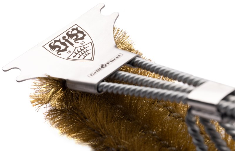 Grillfürst Grillbürste Messing für Gusseisen Roste, mit langem 3-fach Bürstenkopf und Schaber - VfB Stuttgart Edition