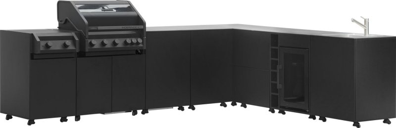 Grillfürst Moments XL Grillküche L-Form mit Independence P590E Gasgrill, Independence P230E XXL Infrarotbrenner, Spüle, Kühlschrank, Tür mit Stauraum und Flaschenregal - Nero / Eter