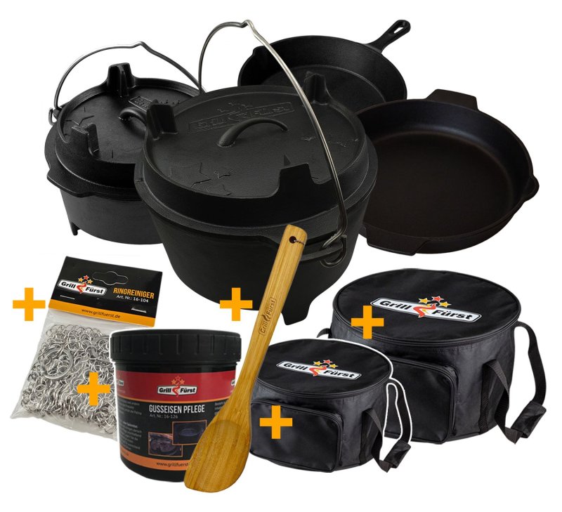 Grillfürst XXL Dutch Oven Set: Starterpaket Gusseisen - X-DEAL mit 2 x Dutch Oven, 2 x Gusseisen Pfanne, 2x Tragetasche, Ringreiniger, Gusseisen Pflege und Bambus-Kochlöffel