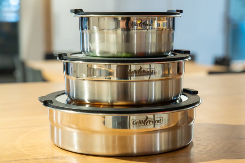 Grillfürst BBQ 3er Edelstahlschüssel Set mit Glasdeckel - flacher Boden