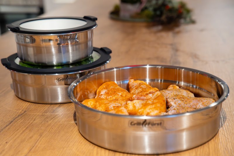 Grillfürst BBQ 3er Edelstahlschüssel Set mit Glasdeckel - flacher Boden