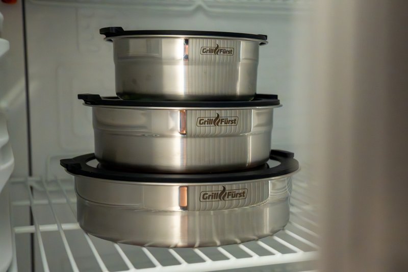 Grillfürst BBQ 3er Edelstahlschüssel Set mit Glasdeckel - flacher Boden