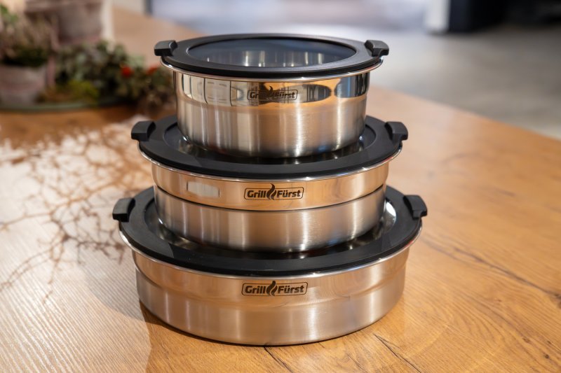 Grillfürst BBQ 3er Edelstahlschüssel Set mit Glasdeckel - flacher Boden