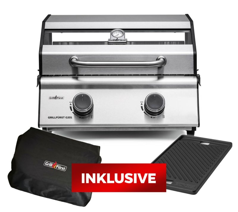 Grillfürst G201E 2-Brenner Gasgrill portabel v2 - Campinggrill / Balkongrill 50mbar - STARTERSET inkl. Grillplatte und Abdeckhaube