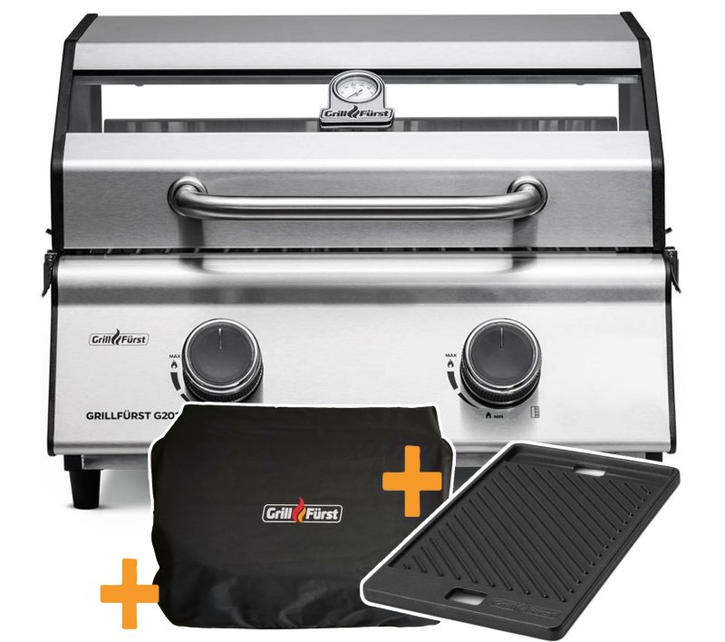 Grillfürst G201E 2-Brenner Gasgrill portabel v2 - Campinggrill / Balkongrill 50mbar - STARTERSET inkl. Grillplatte und Abdeckhaube