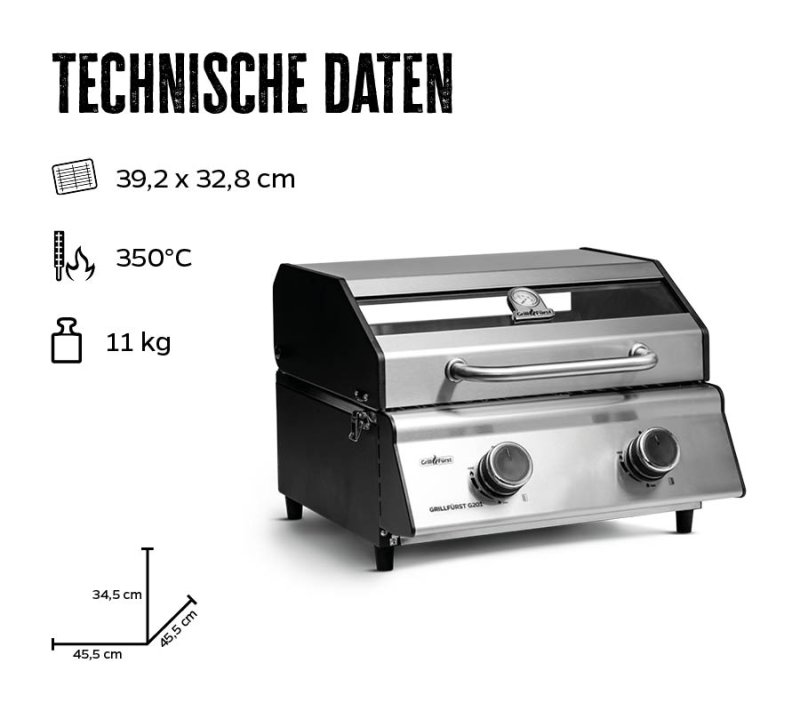 Grillfürst G201E 2-Brenner Gasgrill / Campinggrill / Balkongrill 50mbar - CAMPING SET BASIC - inkl. Tragetasche, Kartuschen-Druckregler und 2 Gaskartuschen