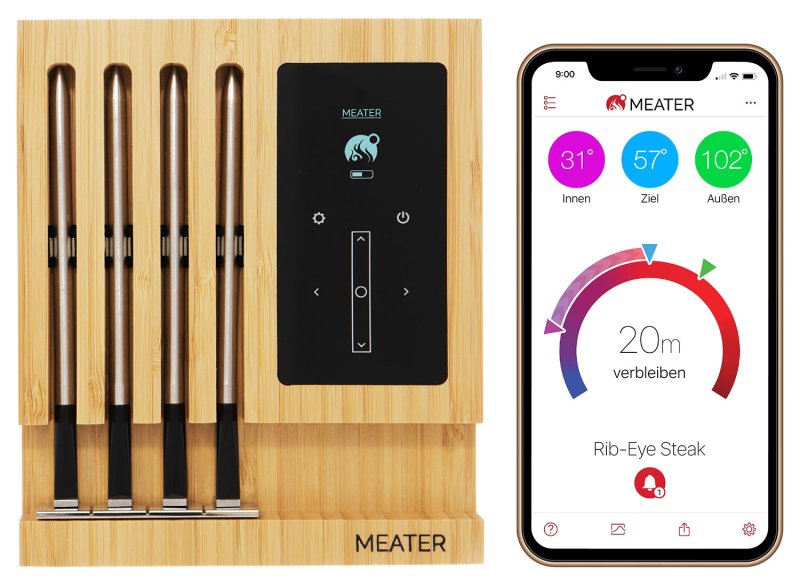MEATER Block Bluetooth / WLAN Grillthermometer mit 4 Fühlern - 50 Meter Reichweite - WLAN- und Standalone Modus