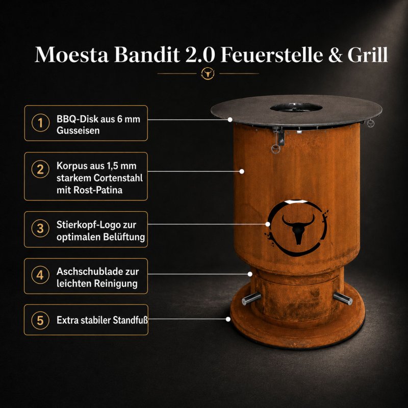 Moesta Bandit 2.0 FirePlace - Feuertonne aus Cortenstahl - mit BBQ Disk & 4 Ablagen oben schwarz