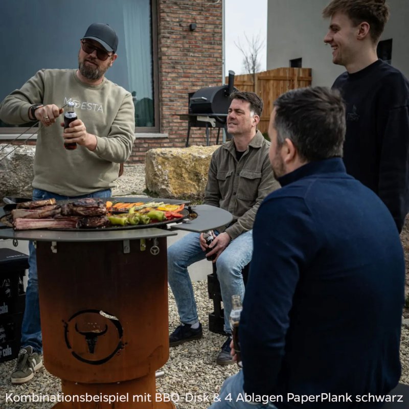 Moesta Bandit 2.0 FirePlace - Feuertonne aus Cortenstahl - mit Grillrost & 4 Ablagen oben schwarz