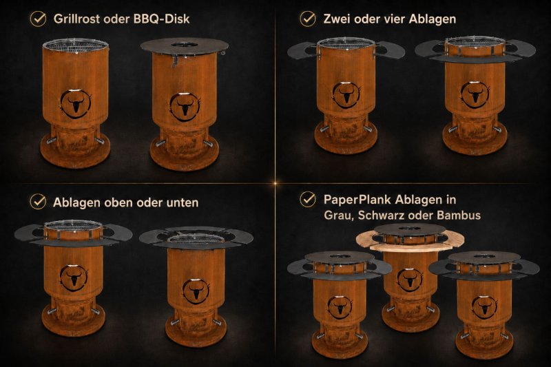 Moesta Bandit 2.0 FirePlace - Feuertonne aus Cortenstahl - mit Grillrost & 4 Ablagen oben schwarz