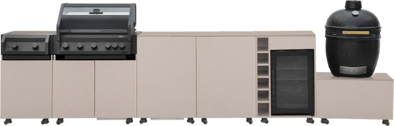 Grillfürst Moments Grillküche mit Independence P590E Gasgrill, Independence P230E XXL Infrarotbrenner, Monolith Keramikgrill, Kühlschrank, Tür mit Stauraum und Flaschenregal - Mediterran / Aeris