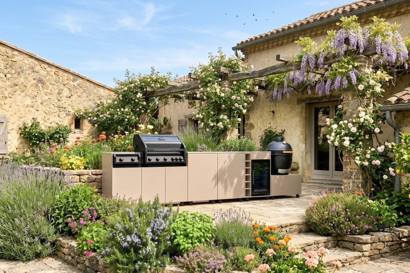 Grillfürst Moments Grillküche mit Independence P590E Gasgrill, Independence P230E XXL Infrarotbrenner, Monolith Keramikgrill, Kühlschrank, Tür mit Stauraum und Flaschenregal - Mediterran / Aeris