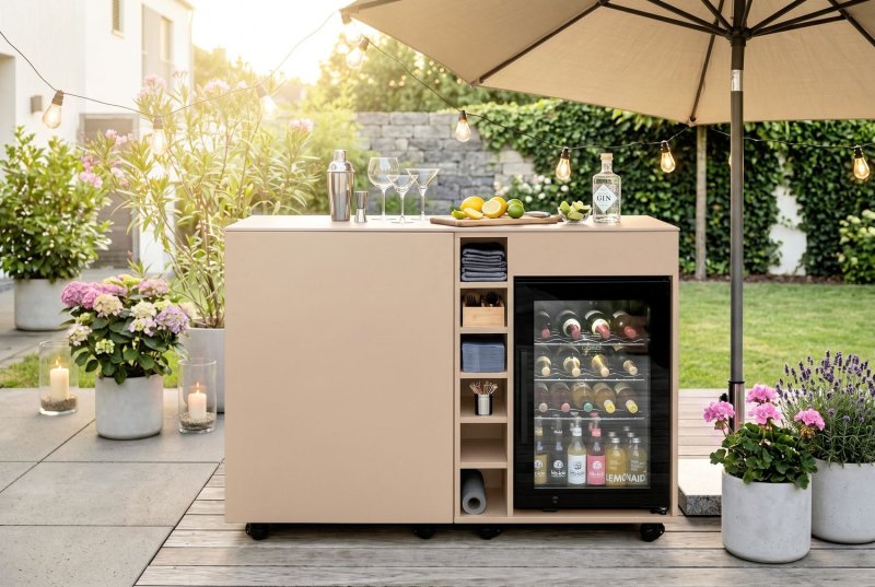 Grillfürst Moments Sideboard - Sideboard mit Kühlschrank, Flaschenregal und Tür mit Staufach - Mediterran / Aeris - 120 cm