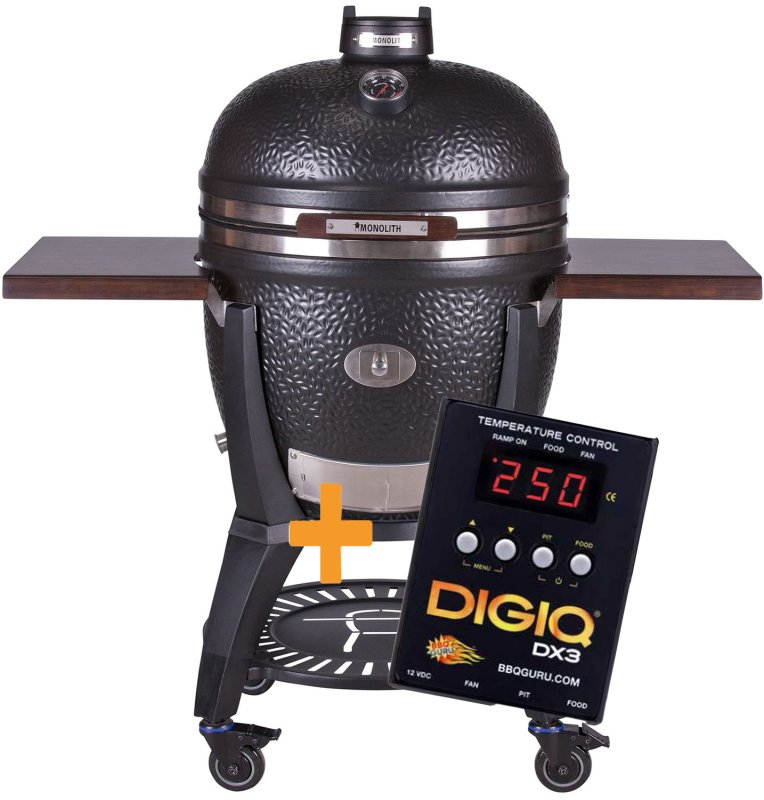 Monolith Grill AVANTGARDE LeCHEF - satin-matt Schwarz - mit Gestell und Seitentischen - inkl. DigiQ Controller Set