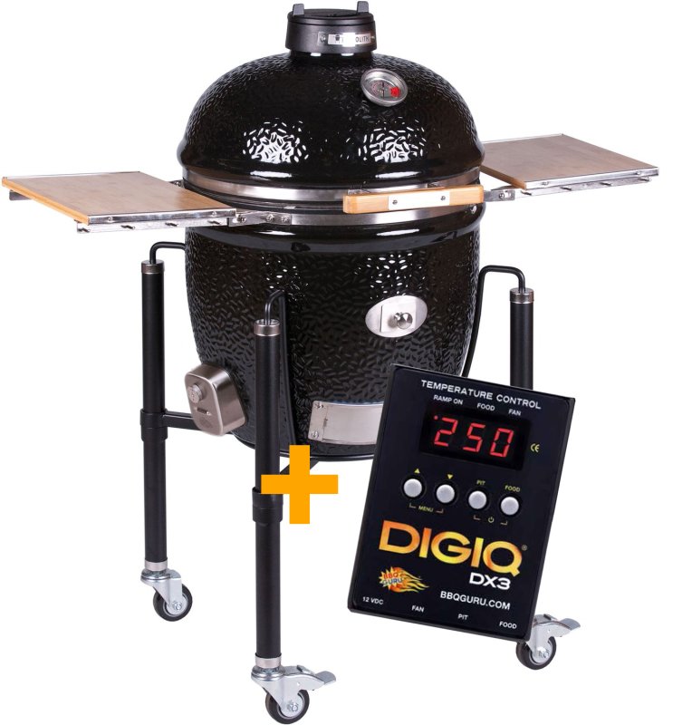 Monolith Grill CLASSIC BBQ GURU - PRO-Serie 2.0 Schwarz - MIT Gestell und Seitentischen - inkl. DigiQ Controller Set