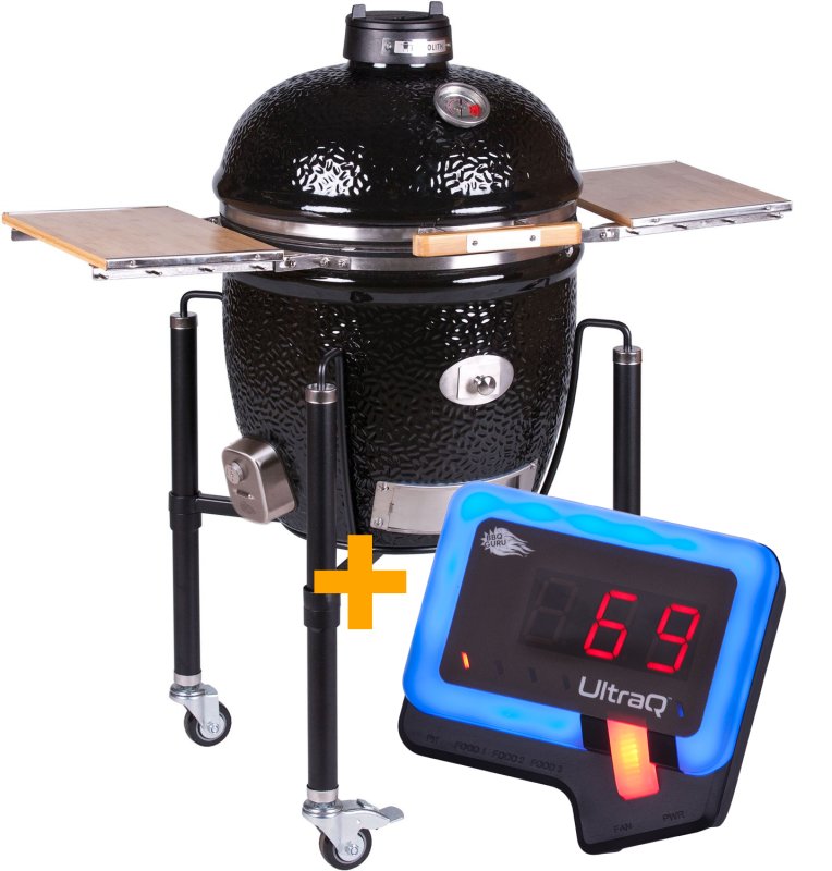 Monolith Grill CLASSIC BBQ GURU - PRO-Serie 2.0 Schwarz - MIT Gestell und Seitentischen - inkl. UltraQ Controller Set