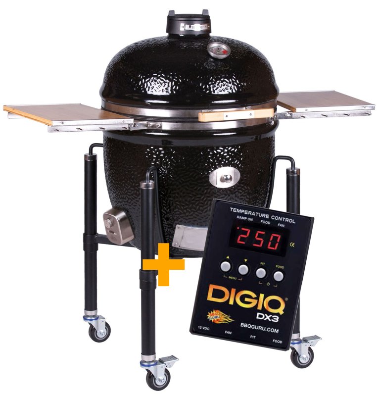 Monolith Grill LeCHEF BBQ GURU - PRO-Serie 2.0 Schwarz - MIT Gestell und Seitentischen - inkl. DigiQ Controller Set