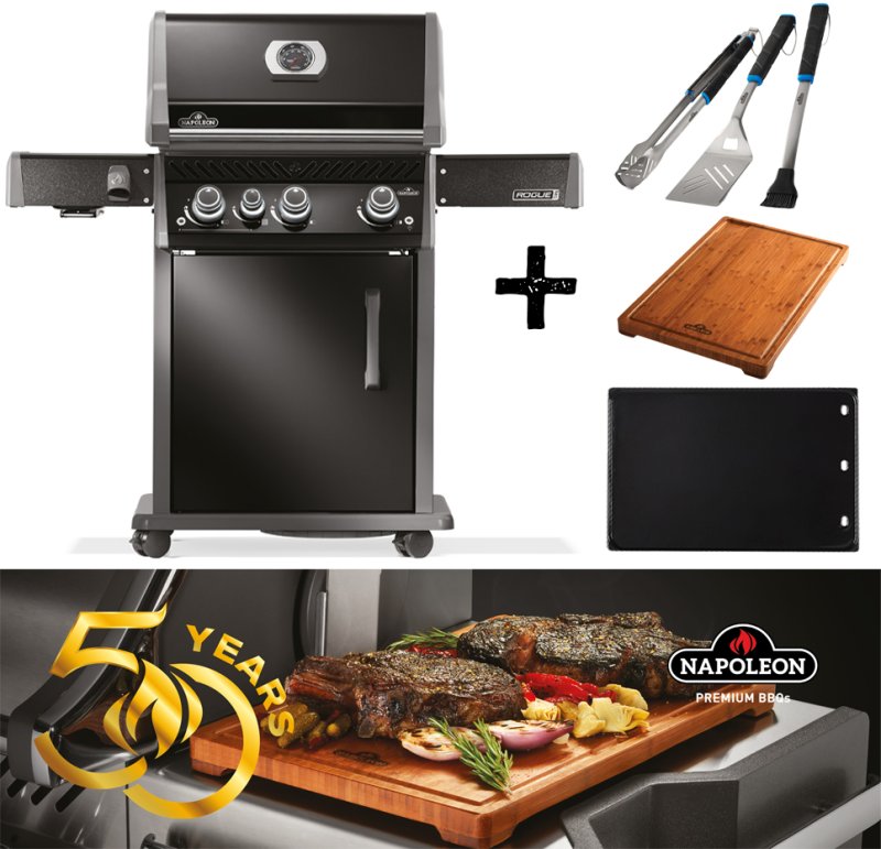 Napoleon Rogue Pro 425 Gasgrill - SIZZLE ZONE™ - 50 Jahre Napoleon Edition in Schwarz - inkl. Grillplatte, Grillbesteck-Set und Schneidebrett - mit Gusseisenrosten - Modell 2026